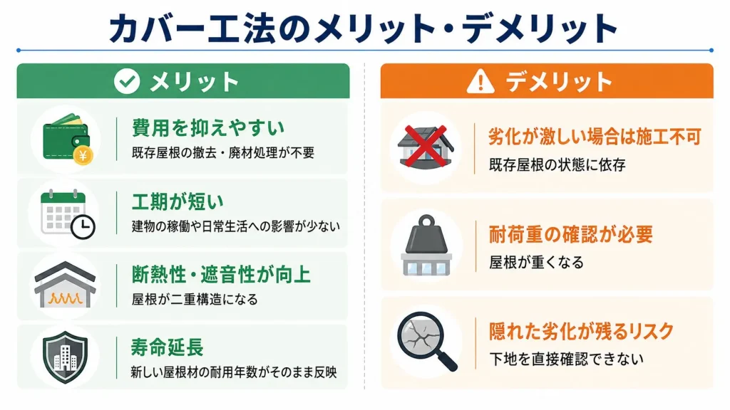 カバー工法のメリット・デメリットを比較した図解。メリットは費用を抑えやすい・工期が短い・断熱性と遮音性の向上・寿命延長の4点。デメリットは劣化が激しい場合は施工不可・耐荷重の確認が必要・隠れた劣化が残るリスクの3点