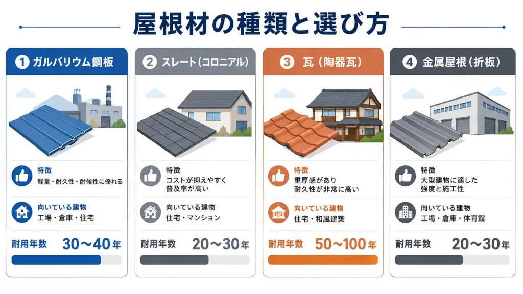 屋根材4種類の特徴と選び方を比較した図解。ガルバリウム鋼板(耐用年数30〜40年・工場倉庫住宅向け)、スレート(20〜30年・住宅マンション向け)、陶器瓦(50〜100年・住宅和風建築向け)、金属折板屋根(20〜30年・工場倉庫体育館向け)