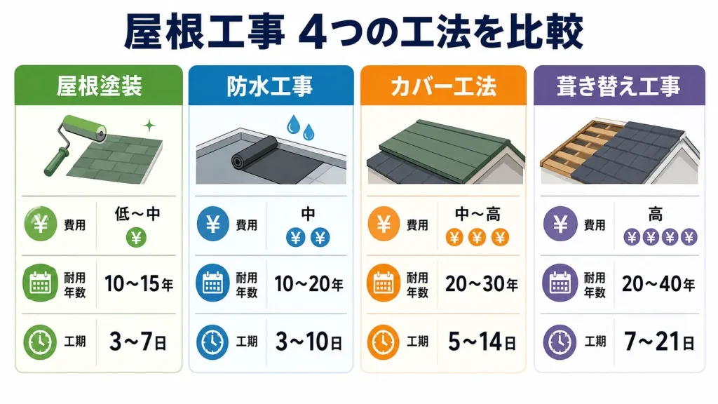屋根工事4工法を費用・耐用年数・工期で比較した図解。屋根塗装(費用:低〜中/10〜15年/3〜7日)、防水工事(中/10〜20年/3〜10日)、カバー工法(中〜高/20〜30年/5〜14日)、葺き替え工事(高/20〜40年/7〜21日)