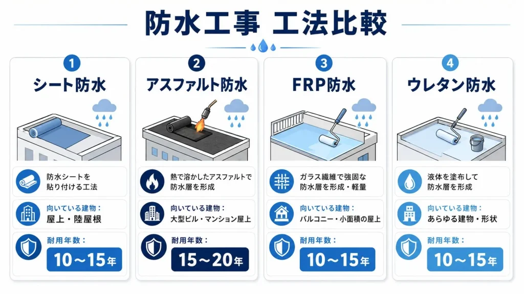 防水工事4工法の特徴・向いている建物・耐用年数を比較した図解。シート防水(屋上・陸屋根/10〜15年)、アスファルト防水(大型ビル・マンション屋上/15〜20年)、FRP防水(バルコニー・小面積屋上/10〜15年)、ウレタン防水(あらゆる建物・形状/10〜15年)