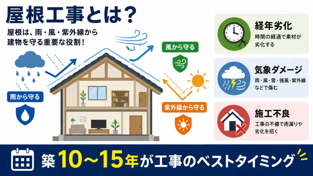 屋根工事の基本を解説した図解。屋根が雨・風・紫外線から建物を守る役割を持ち、劣化原因は経年劣化・気象ダメージ・施工不良の3つ。築10〜15年が工事のベストタイミングであることを示す